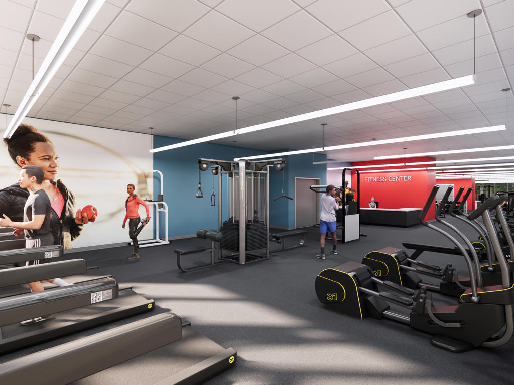 Rendering of a fitness center with fitness equipment